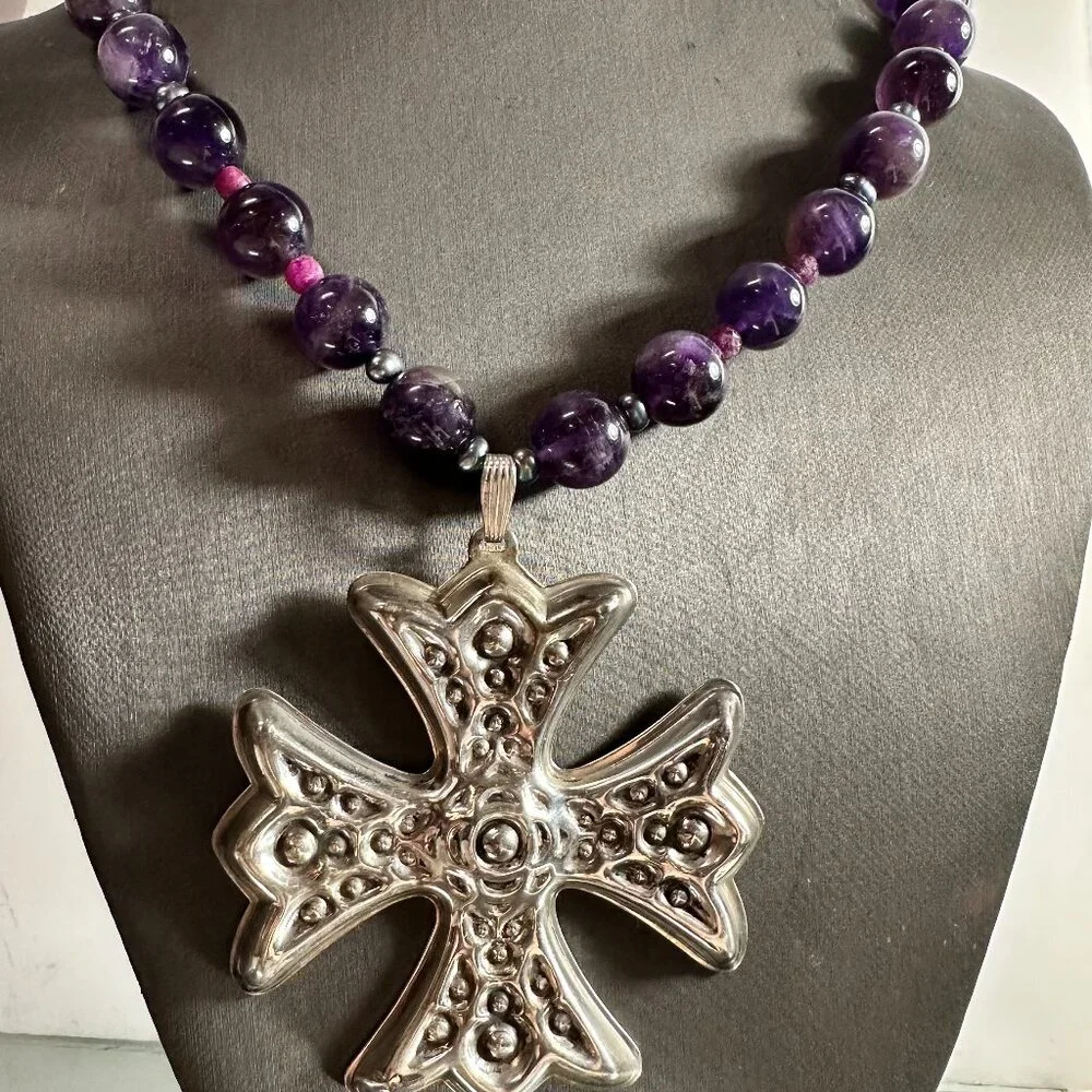 Maltese Cross Sterling Silver Genuine Ruby Tahitian Pearls Amethyst Necklace 925